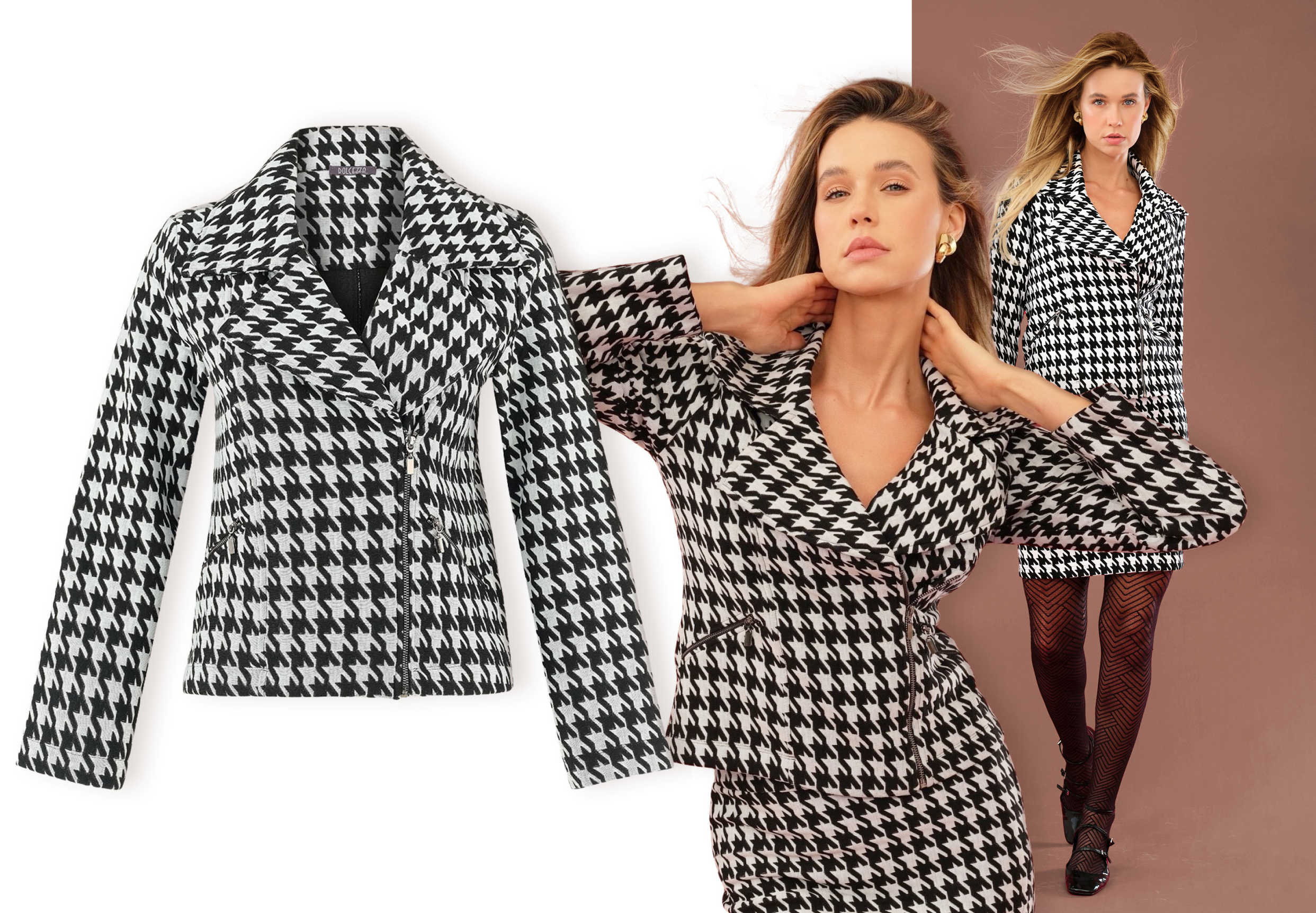 Check Knit Jacket  A modern bomber jacket , using classic houndstooth. Crafted in a softly textured knit, it features a straight cut, full-length sleeves and front pockets with asymmetric zip detail. The off-centre zip adds a sharp finish, making it an easy choice from day to evening.  Sizes to fit 10-20.