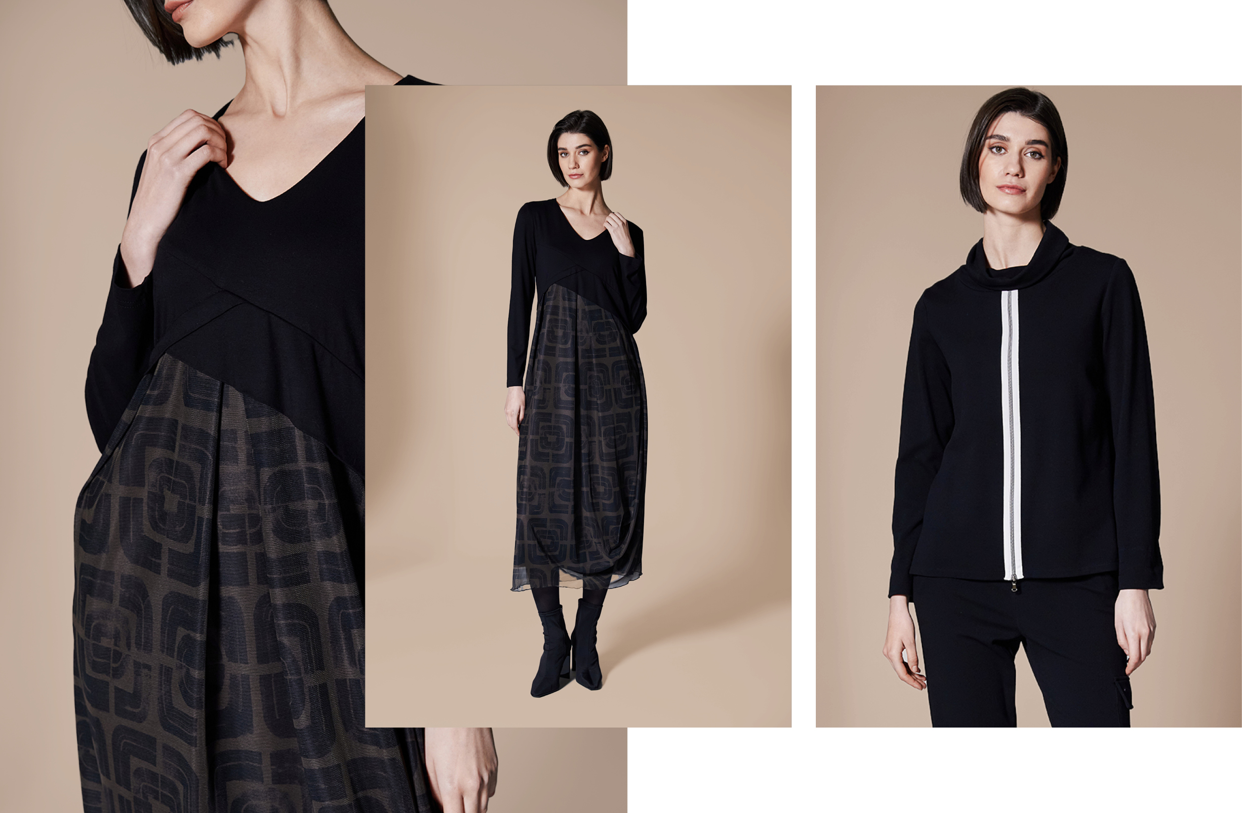 Contrast Dress  A perfect pairing of a soft jersey bodice with a bold printed mesh skirt that moves beautifully. An easy-wearing dress, that looks anything but! Sizes 10-18.    Zip Front Cowl Top  Relaxed yet polished, a statement zip and soft fold-over neckline provide just the right amount of drama. Sizes 10-18.