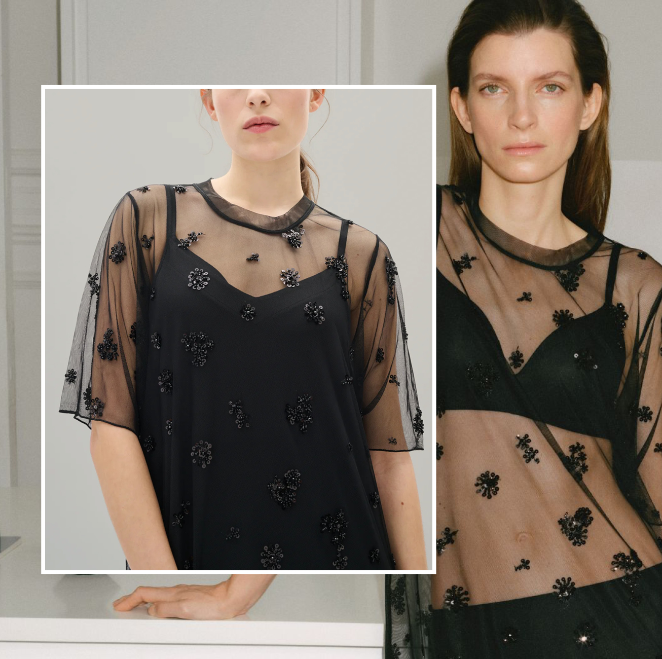 Kui Dress  A striking dress defined by floral sequin embellishments, soft translucency and a fluid silhouette. It moves beautifully through the body, creating a confident, modern presence. Wear over a slip, with the length shifting the look, or layer over wide-leg or chiffon pants for a contemporary feel.Sizes to fit 10-14