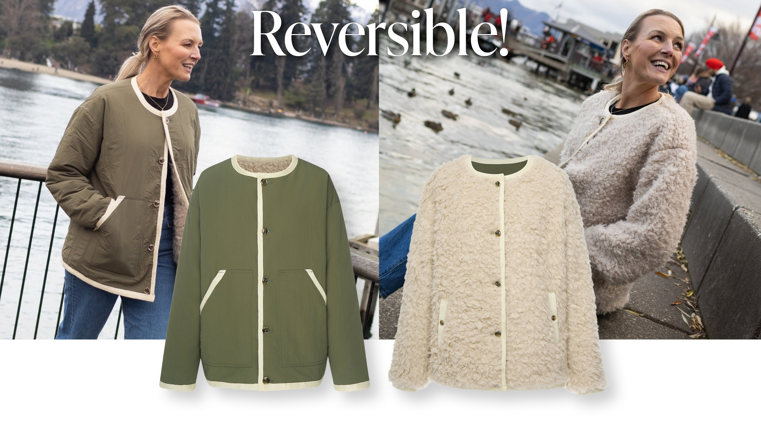 JUNIPER REVERSIBLE JACKET A cosy winter essential with two polished looks in one. One side features a clean finish with contrast piping, while the reverse reveals plush faux shearling for extra warmth. Sizes to fit 10-22
