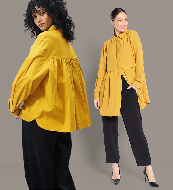 EDITOR'S PICK  Autumn sunshine yellow  Front: FRNCH Charlotte Shirt, sizes 10-16. Back: PHILOSOPHY Ralter Overshirt, sizes 10-24