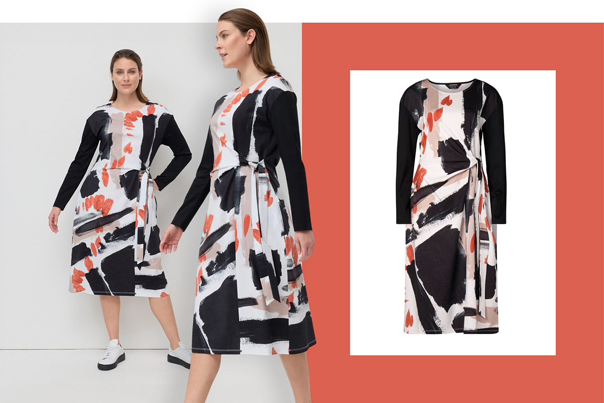 Mixed Media Dress  The Mixed Media Dress blends soft, fluid fabric with structured contrast elements, creating an easy, modern silhouette with a polished feel. Sizes to fit 10-20