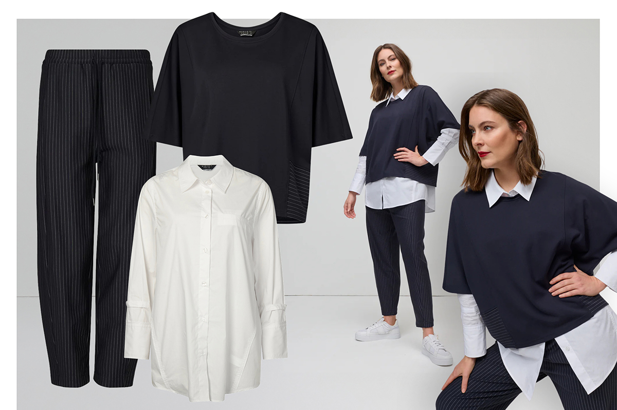 Essential Poplin Shirt, Spliced Pinstripe Ponte Tee and Pinstripe Ponte Barrel Pant  The Essential Poplin Shirt, Pinstripe Ponte Barrel Pant and Spliced Pinstripe Ponte Tee layer sharp poplin with soft ponte, creating a modern, textural look that feels clean and considered. Sizes to fit 10-20