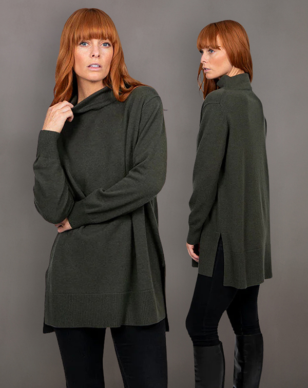 NEW STYLE! Funnel Neck Tunic  Olive. 95% Merino Woo/ 5% Cashmere.   Sizes to fit 10-18