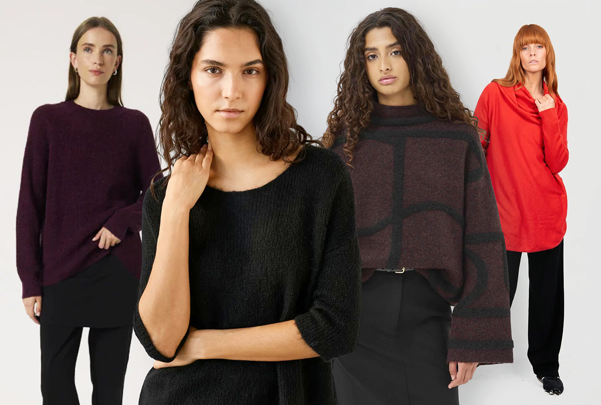 SOAKED IN LUXURY Tuesday Raglan Pullover, Tuesday Jumper and Sorea Mono Pullover. BRIDGE AND LORD Kylie Cowl Neck Curve Hem Pullover