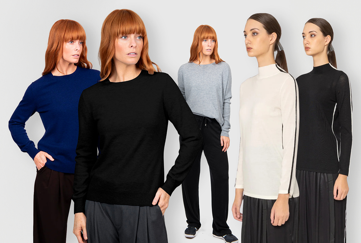 BRIDGE AND LORD Merino/Cashmere Chloe Crew Neck Pullover in Carbon Blue or Black, and Queen Crew Neck with Curved Hem in Mid-Grey. BONE AND ARROW Merino Novara Top in Winter White or Black.