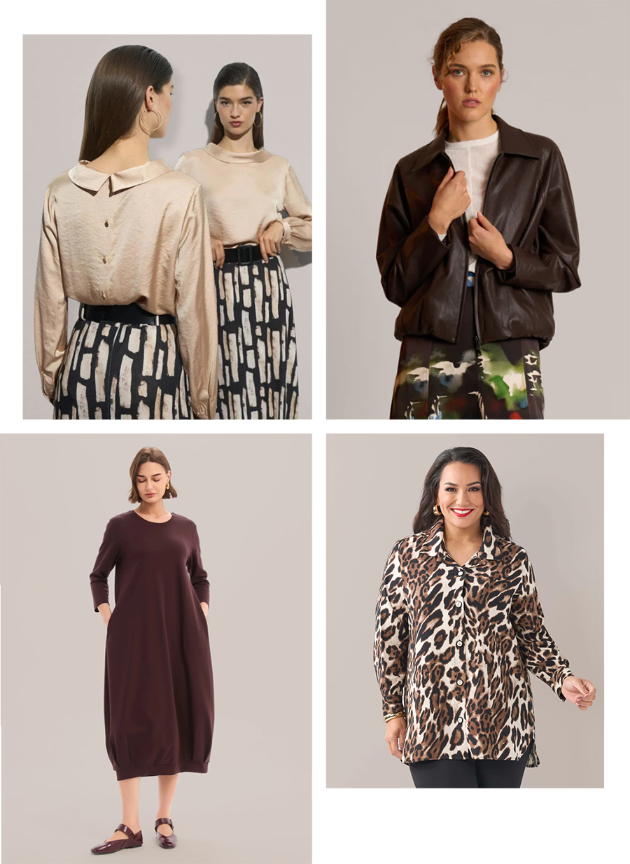 We feature: Tinta and Bariloche Antonella Top sizes 10-26, Neris Mila Jacket, sizes 10-22, Tirelli Banded Hem Jersey Dress, sizes 10-16 and Swish Wild Cat Collared Shirt, sizes 12-26