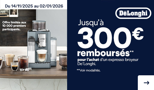 De'Longhi - Jusqu'à 300€ remboursés pour l'achat d'un expresso broyeur.