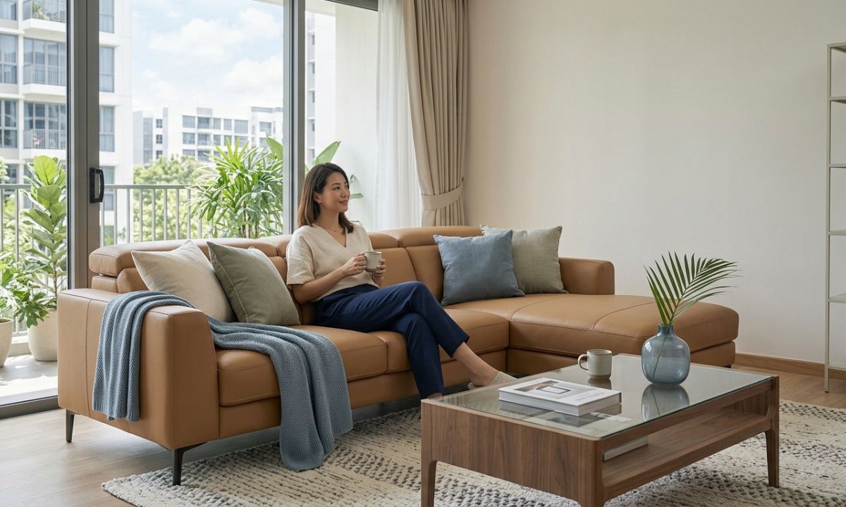 Tan faux leather L-shaped sofa in a furnished living room