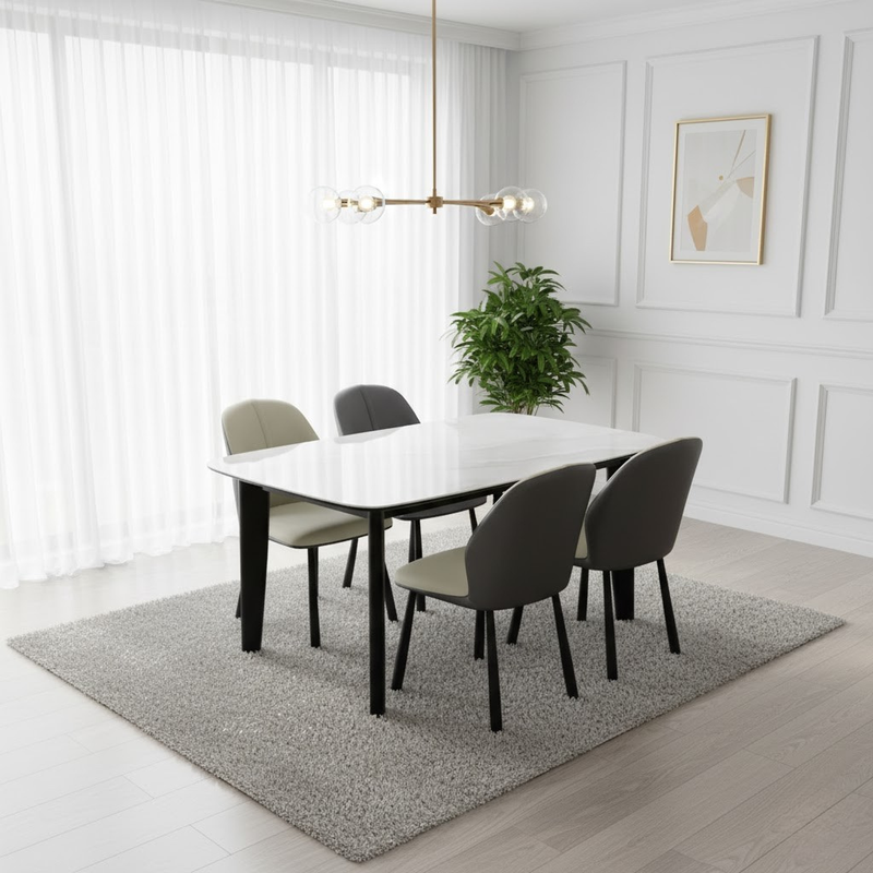 Sintered stone dining table with four upholstered chairs