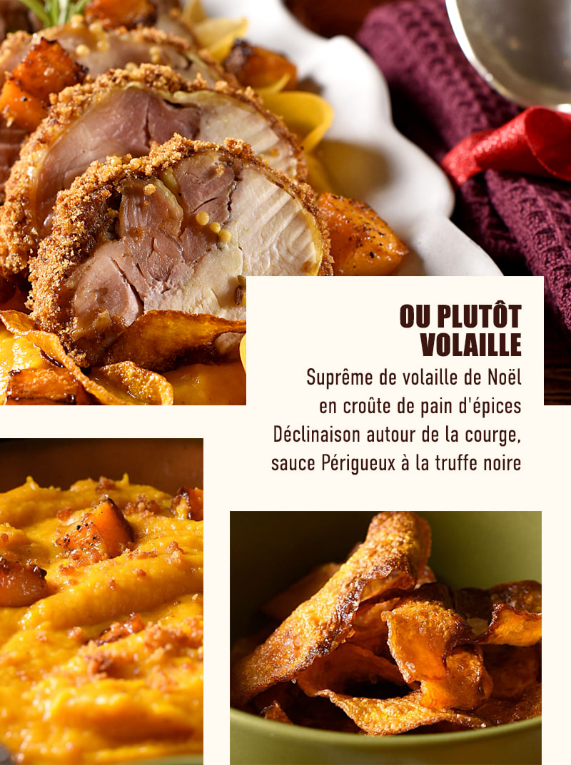 Suprême de volaille de Noël en croûte de pain d'épices, déclinaison autour de la courge, sauce Périgueux à la truffe noire