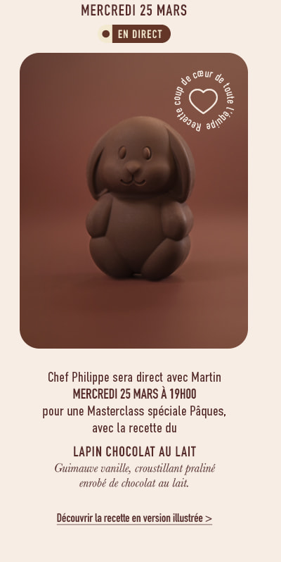 Lapin au chocolat au lait, cœur croustillant et guimauve vanillée