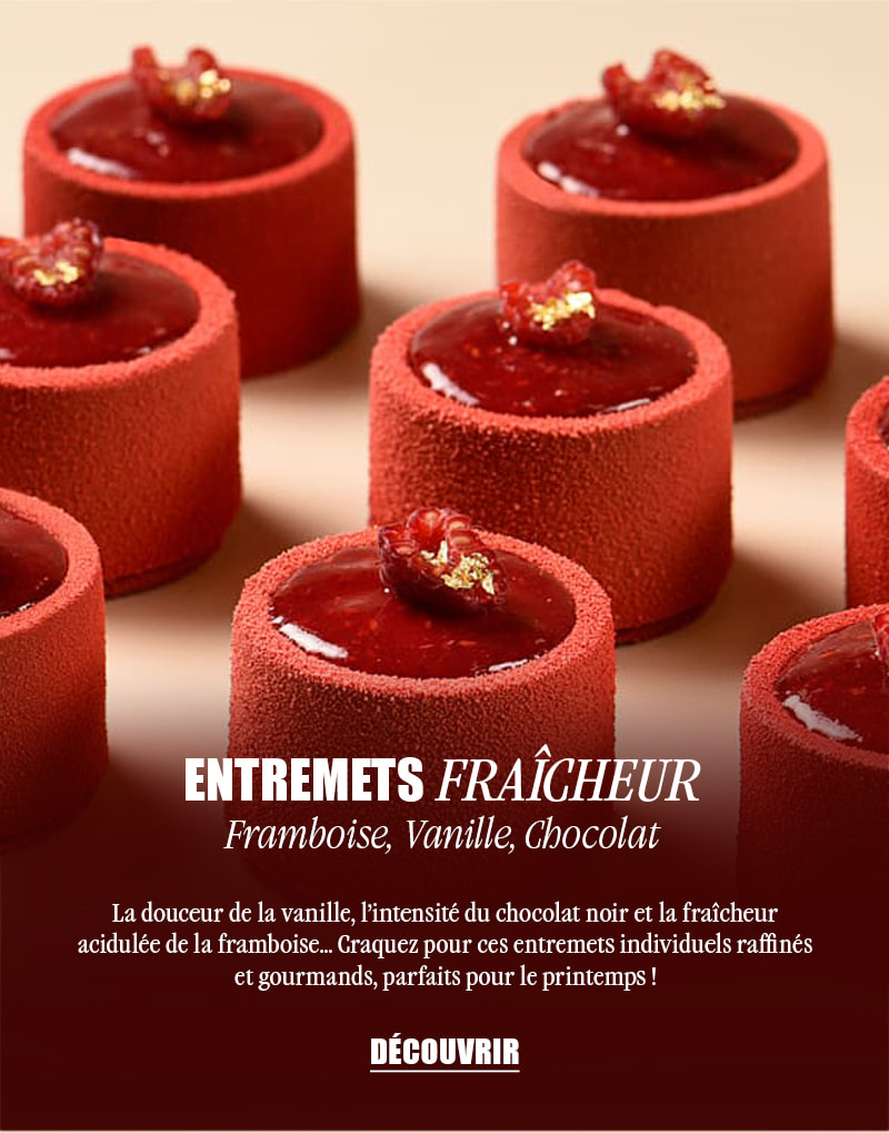 Entremets fraîcheur framboise, vanille, chocolat