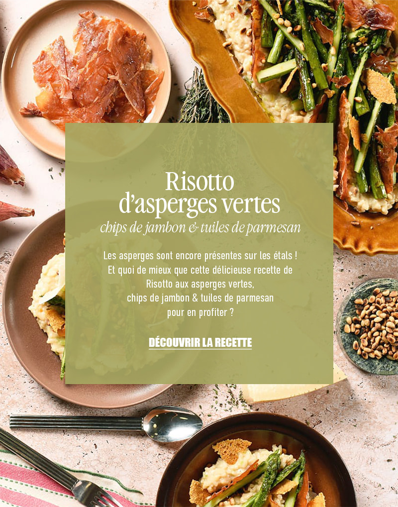 Risotto aux asperges vertes, chips de jambon & tuiles de parmesan
