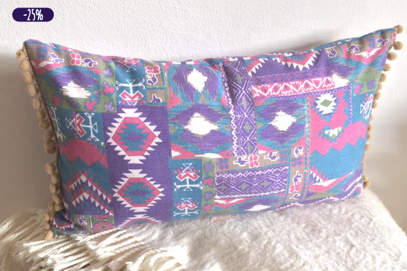 INDIÁNOS mexikói stílusú, Indiános bohém díszpárna, 30x40cm-es Pom-pommal, Mintás párnahuzat + belső párna