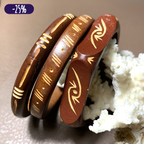 3 db Vintage fa karperec, 1970-es/80-as évekből karkötő, retro indiai karperec, kézműves fa karkötő ékszer fából