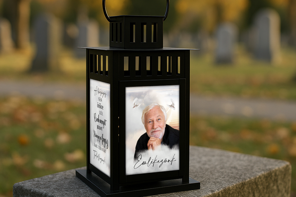 Emlékőrző fekete mécsestartó lámpás – UV nyomtatott üveglappal