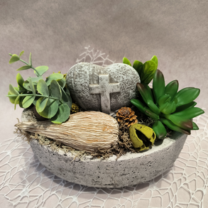 Kegyeleti sírdísz ovális kő kaspóban