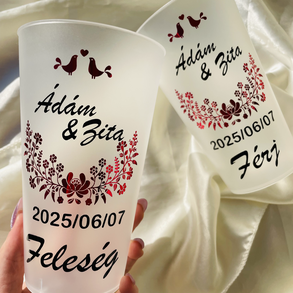 Egyedi neves esküvői ültető és köszönő ajándék pohár kalocsai mintával