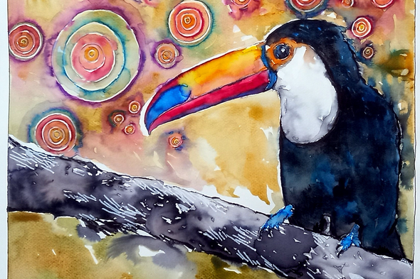 "Colorful Winter" Tukán akvarell festmény keret nélkül