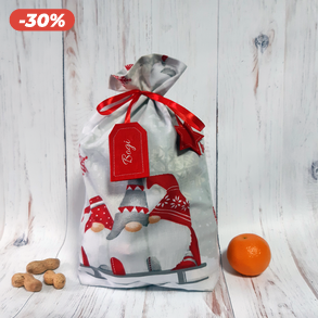 Piros és szürke manós textil Mikulás zsák a celofán zacskó helyett - kérdd nevesítve!