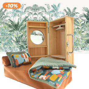 hordozható babaszoba - babaház készlet - szekrény, ruhafogasokkal, tükörrel, ágy ágyneművel, zöld - barna - okker