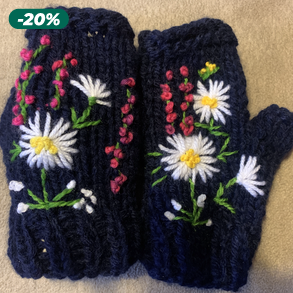 Női Kesztyű, Kézi kötésű sötét kék ujjatlan  kesztyű hímzett fehér ésrózsaszín virágokkal eladó