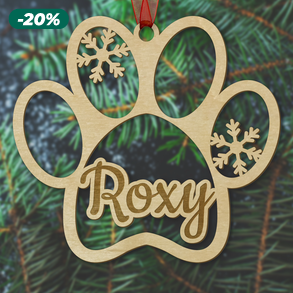 Kutya mancs névre szóló karácsonyfadísz fából, lézervágott egyedi dekoráció tappancs formával