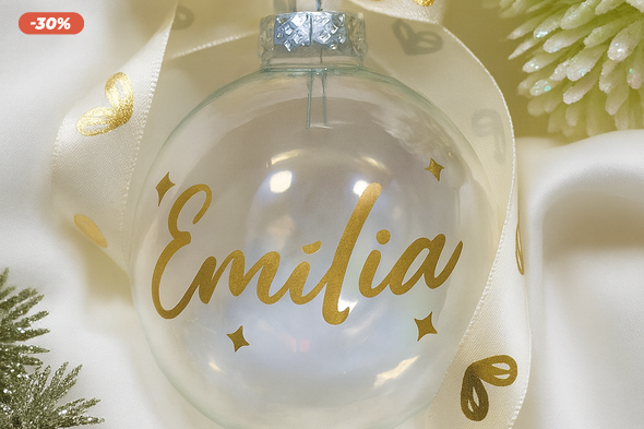 Átlátszó karácsonyi gömb tollal töltve, üveggömb, névre szóló