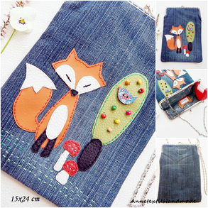 Könyvtok, tablet tok erdei rókás, foltvarrással, hímzett, farmerból
