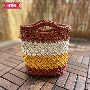 Nyári, horgolt kézitáska - sárga, réz, ekrü csíkos