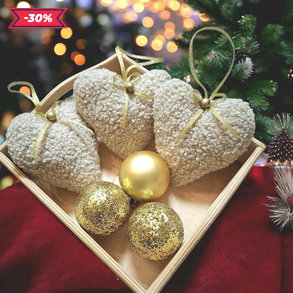 Karácsonyi dísz szett – szívecskék, beige, puha Teddy anyagból, 3db