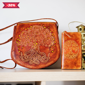 Női bőr táska és tárca életfa vésettel