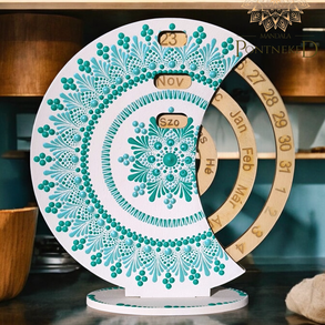 Mandala öröknaptár, fehér - türkiz zöld, álló (20 cm átmérőjű)