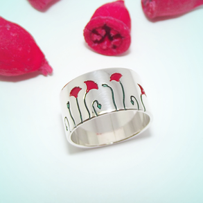 Piros pipacsos széles karika, ezüst gyűrű, 59-es méret (EPK.03)