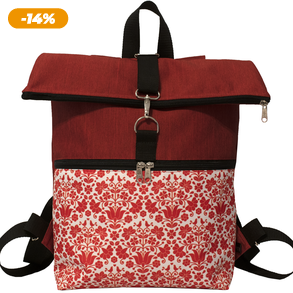 FOLK víz- és kopásálló piros népi motívumos roll top hátizsák