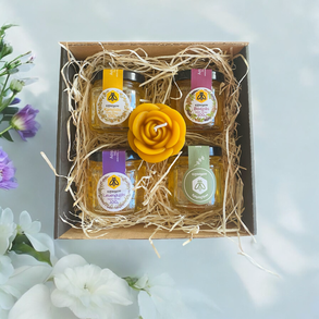 Válogatott mézkülönlegességek és virág méhviasz gyertya ajándékcsomag