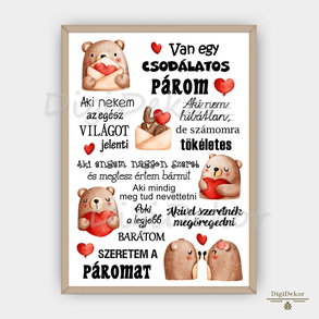 Bájos, macis-szíves "Csodálatos párom" tábla. A4, A3 print vagy táblakép szerelmeseknek, Valentin napra, évfordulóra.