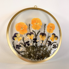 Préselt kis és nagy árvácskák arany színű 22 cm átmérőjű kerek keretben 