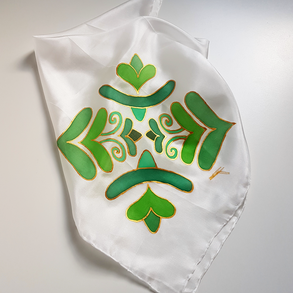 Kézzel festett SELYEMKENDŐ, ősi magyar népművészet, zöld, arany, fehér