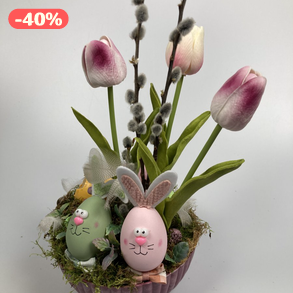 Tappancsosék meggyjoghurt színű tulipános, igazi tojásos, mohás tartós asztaldísze 