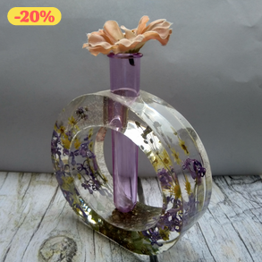 Örök tavasz váza, szárított virágokkal, levelekkel, mohával gyantába öntve