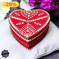 Szív alakú gyöngyház fényű ezüst és fehér pontmandalával díszített üveg ékszertartó