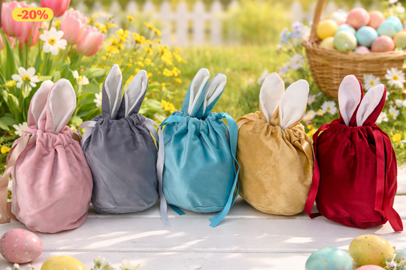 Bársony nyuszifüles zsák, tojásgyűjtő húsvéti szütyő, feliratos nyuszis húsvéti zsák gyerekeknek