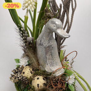 Kacsás, 2 fürjtojásos, gyöngyikés, tartós tavaszváró asztaldísz növényi részekkel a mohás kaspó kollekcióból (P-15) 