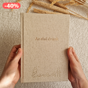 Homok színű natúr babanapló: egyedi vászonborítású baba-mama napló
