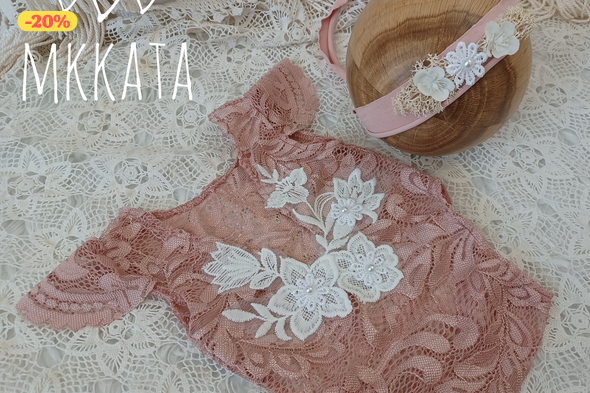 Csipke body és fejpánt szett Újszülött fotózáshoz