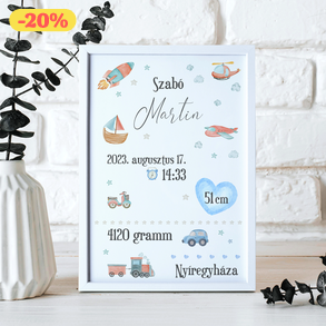 Fiús baba születési adatok dekor print A/4-es méretben (digitálisan vagy fotópapírra nyomtatva, keretezve) fekete-fehér