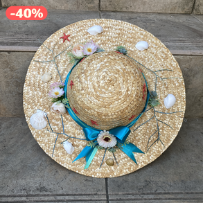 Türkizes, kagylós-tengeri csillagos nyári szalmakalap dísz 