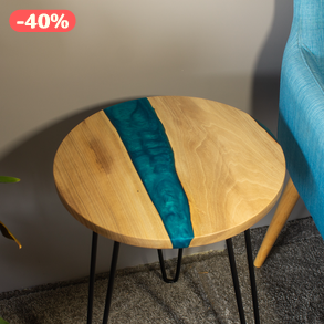 Diófa kék kőr alakú asztal, kisasztal, lerakó asztal, dohányzó asztal, folyó asztal, river table epoxy table ajándék 